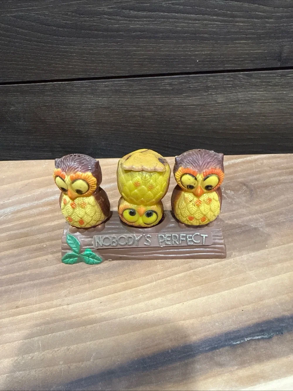 Yellow and Brown Owl Figurine Trio - 'Nobody's Perfect' salt and pepper shakers